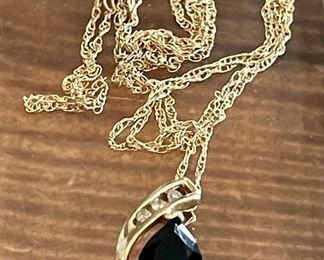 Vintage Dainty 10K Gold 18" Chain And 10K Pendant With Small Diamonds And Blue Center Stone