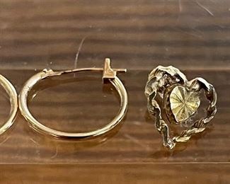 2 Pairs Of Vintage 14K Gold Hoop And Heart Post Earrings - Total Weight 1.8 Grams 