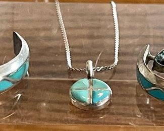 Pair Of Vintage Sterling Silver Turquoise Inlay Post Earrings And Sterling Silver Necklace Turquoise Pendant