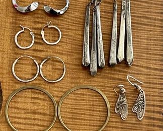 Vintage Boho Earring Lot Hoops - Dangle - Brass Ring - Brass Earrings And Several Pairs Sterling Silver 