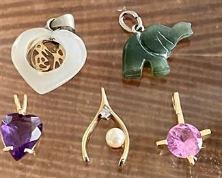 Vintage 14K Gold  - Mother Of Pearl - Jade Pendant Lot With Pink Sapphire - Amethyst And Pearl 