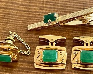 Vintage Gold Tone And Emerald Tie Tac - Clip And Cuff Links 