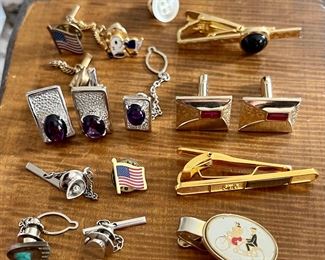 Vintage Men's Tie Tac - Cuff Link - Tie Bar And Pin Lot - Amethyst And Silver - Gold Tone - Bear Paw & More