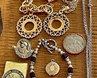 Vintage Jewelry Lot - Sterling Silver Chain Necklace - 24K GP Necklace & Bracelet - BPOE Pin - Locket & More