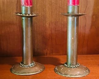 Arts and crafts copper candlesticks. 
