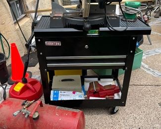 Ironton tool cart, Craftsman Compond Miter Saw, Craftsman Vise, and portable air tank