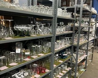 Shelves of glassware in one of the  warehouses. 