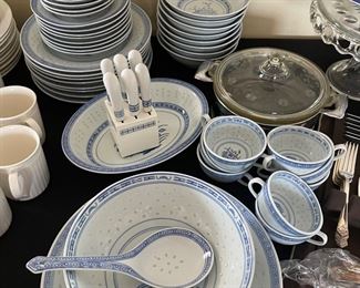 Blue and white porcelain dish set with serving pieces