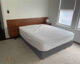 William Lawrence of Nottingham  mid-century wooden bedframe with attached side tables. Similar piece of 1stDibs for $2395