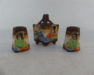 Vintage Satsuma Style Moriage Miniature Censer & 2 Vases Set
