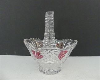 Vintage 1960s (Possibly) Anna Hutte Bleikristal Lead Crystal Basket with Flashed Red Flowers