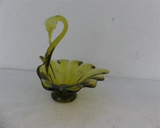 Vintage Unusual Amber Green Swan Candy Dish