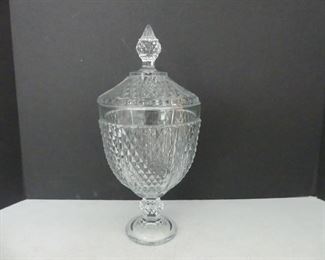 Vintage Pasabahce Turkey Glass Diamond Cut Clear Large Covered Urn/Jar - 13" Tall