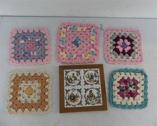 Vintage Dutch Framed Tile (Hand Painted in Holland) Trivet with 5 Hand Crocheted Pot Holders