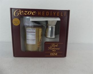 Turkish Coffee Set - 8.8 Oz. Mehmet Efendi Turkish Coffee with Stainless Steel Cezve (Turkish Coffee Pot) - In Box