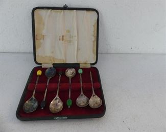 Antique 1910-1920 Viners of Sheffield EPNS Set of 6 Demitasse Spoons with Various Colored Coffee Bean Detail