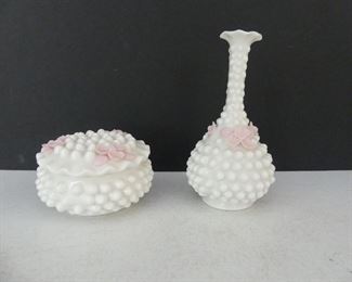 Vintage Ardalt Japan Hobnail Bud Vase & Trinket Bowl with Pink Flowers