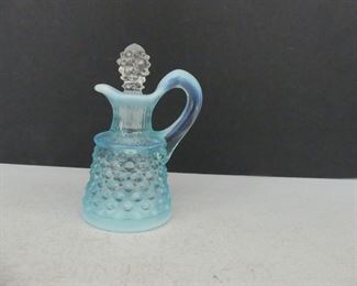 Vintage 1950s Fenton Aqua French Opalescent Hobnail Cruet Style Perfume Bottle with Stopper