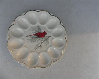 Vintage Porcelain Cardinal Perched on Pine Branch Double Scallop Gold Trim Egg Tray