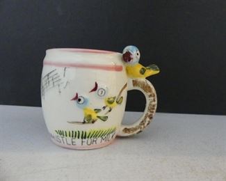 Vintage 1950s Toddler "Whistle for Milk" Cup/Mug - Bird on Handle is a Whistle