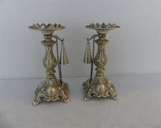 Vintage Pair of Louis XIV Style Metal Candle Holders with Attached Snuffers