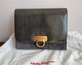 Salvatore Ferragamo Vintage "Gancini" Flap Crossbody Handbag Lizard & Suede