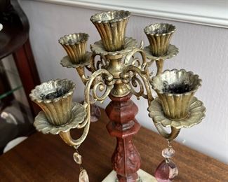 Four Arm Cast Brass Standing Candelabra With Dangling Crystals 