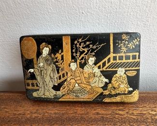Antique Japanese Lacquered Hinged Lid Box With Scene Of Four Women 