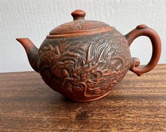 Antique Chinese Yixing Purple Clay Teapot With Dragon & Feng-Huang Design 
