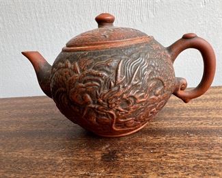 Antique Chinese Yixing Purple Clay Teapot With Dragon & Feng-Huang Design&nbsp;