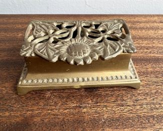 Early 20th Century Art Nouveau Solid Brass Stamp Case With Sunflower Motif 