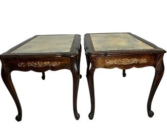 Pair Of French Provincial Style Faux Marble Top End Tables 