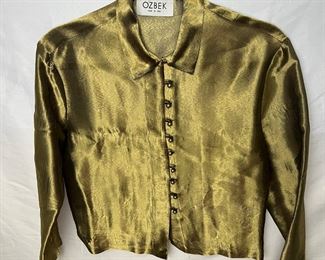 Ozbek Made In Italy Gold-green Taffeta Button Up Blouse, Size 6&nbsp;
