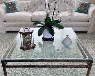 Square, glass top on metal stand coffee table. LaBarge?