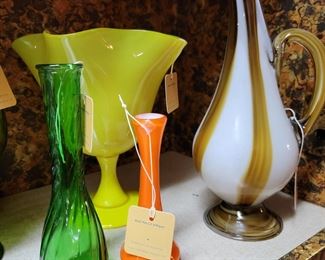 Large Murano cadmium yellow center bowl, Mexican Stretch-glass pitcher Artisans de Chihuahua.