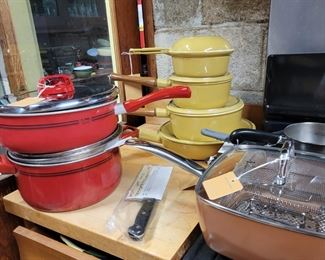 Vintage 8 pc set of Gold Desco-ware of Belgium. said to be the favorite cookware of Julia Child. Additional cookware by various makers. A "Ronco cleaver" brand new never out of package.