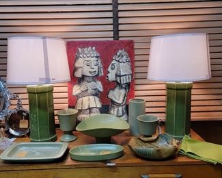 Pair of Chinese Porcelain Green Lamps with new shades, Greenware; Haylyn Art Pottery, USA Pottery and Flora ware. Center: Cubist style painting of chess pieces on Masonite by Marshall Daugherty.