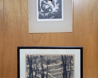 Upper: Over signed wood block print by Ray F. Fleming Lower framed wood block print by Fannie R. Menner b. 1903 d. 1995 her art community was the "Plum Nelly Art Community" in Rising Fawn GA. (needs restoration)