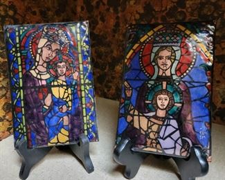 Pair of enamel on copper Gothic "stained glass windows)