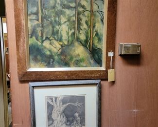 Upper vintage print "Pines & Rocks" by Cezanne. Lower is a framed over signed print by Frances Taylor.