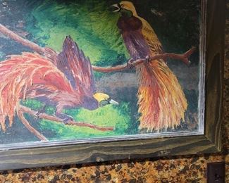 Framed Acrylic of tropical birds with a heavy use of impasto technique by Marshall Daugherty.