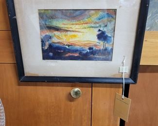 Signed watercolor by Harry Bertoia to Marshall. Bertoia attended Cranbrook at the same time as Daugherty. mat is damaged painting is in good condition.