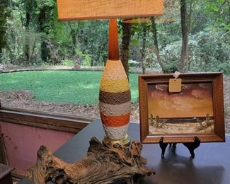 Iron wood natural sculpture and "bowling pin" lamp.