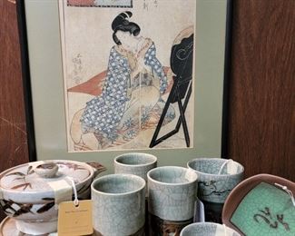 Framed Yoshiwara scene by Kunisada. Pair of lidded Japanese stoneware bowls, collection of Obori-soma-yaki Caledon crackling glaze porcelain double hauled tumblers.
