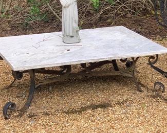 Antique cast iron coffee table with marble top, Concrete figure of St. Francis