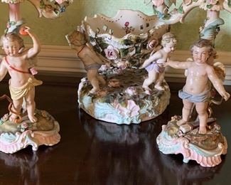 Meissen porcelain figural cherub center bowl and pair of 3 arm candelabra 