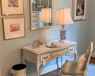 Painted French provincial style vanity, mirror and chair by Dixie furniture