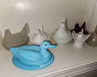 Collectible Rooster & Duck gravy bowls and glass