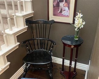 Antique chair, plant stand & wood stool