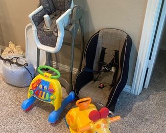 Child’s high chair, car seat and toys 